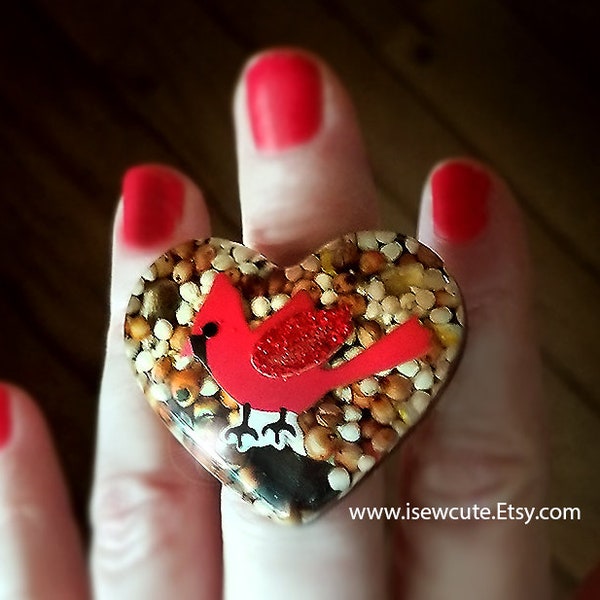 Bird Jewelry, Messenger of Love Bird Valentine Ring, ooak Gift for Bird Lover or Bereavement Gift for Her, Red Heart Ring by isewcute