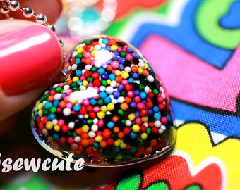 Candy Jewelry - Sugar Love for Your Sweetie - rainbow sprinkles heart shaped candy pendant necklace made with love by isewcute