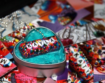 Personalized Name Necklace, Rainbow Sprinkles Pendant, Custom Kids Jewelry made by isewcute