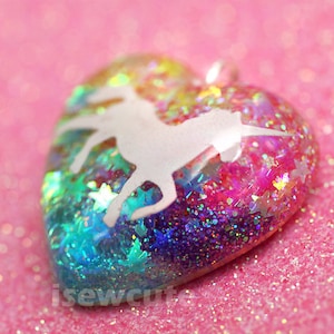 Little Girl Unicorn Necklace, Rainbow Unicorn Pendant, Resin Glitter Heart Pendant, Rainbow Unicorn Necklace, Sparkly Necklace Pink Chain image 1