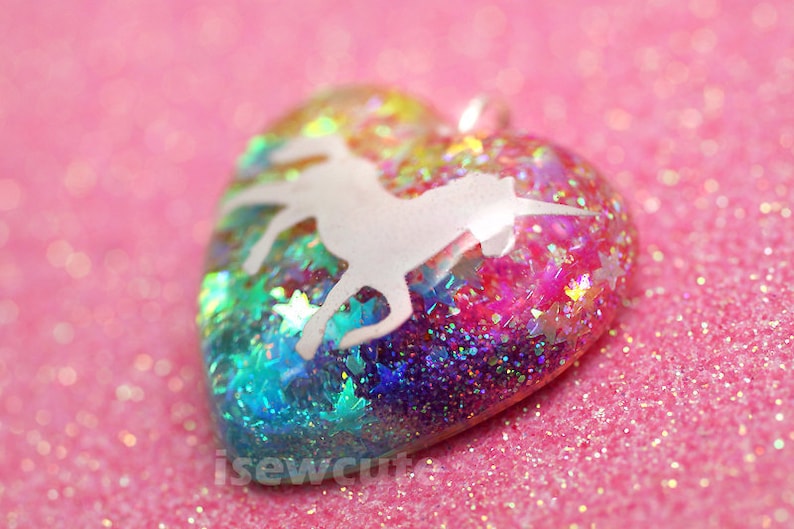 Little Girl Unicorn Necklace, Rainbow Unicorn Pendant, Resin Glitter Heart Pendant, Rainbow Unicorn Necklace, Sparkly Necklace Pink Chain image 1