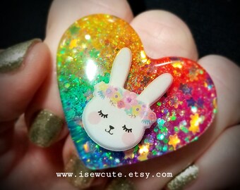 Easter Bunny Ring, Huge Rainbow Resin Ring, White Rabbit Adjustable Size Resin Heart Ring, Bunny Lover Gift for Her, Rabbit Ring by isewcute