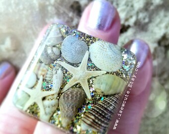 Summer Beach Oversize Statement Ring Tiny Starfish Sea Shells Mermaid Ring, Handcrafted Natural Sea Shell Resin Sparkle Jewelry by isewcute