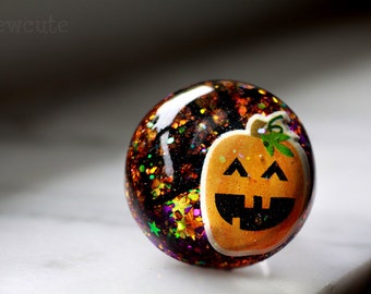 Handmade Resin Pumpkin Ring, Glitter Jack O' Lantern, Spooky Halloween Jewelry by isewcute