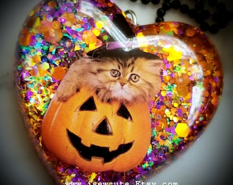 Cat Witch Halloween Statement Necklace by isewcute, Whimsical Spooky Witch Cat in Orange Pumpkin, Sparkly Resin Heart Pendant