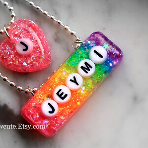 Girls Name Necklace, Personalized Custom Girl Name Jewelry, Rainbow Glitter Resin Monogram Pendant Name Necklace... handmade by isewcute Bild 2