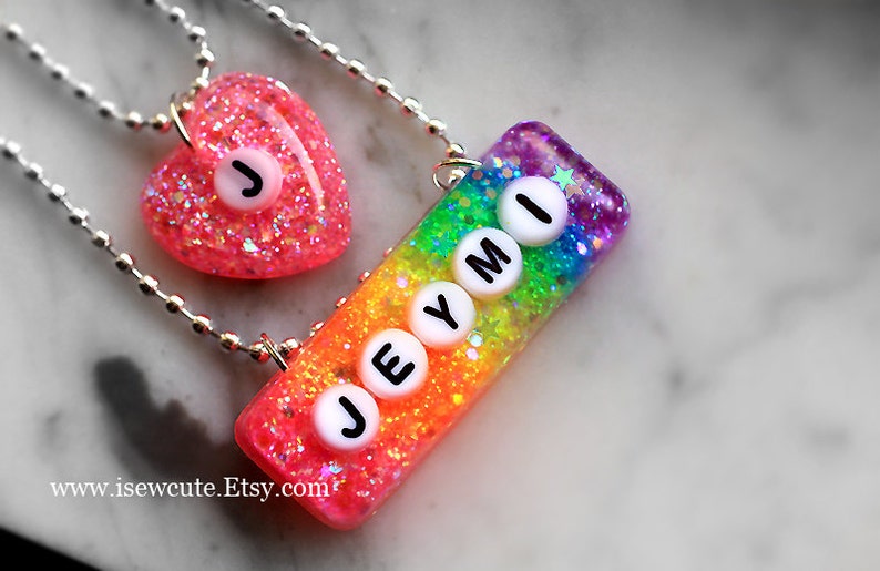 Girls Name Necklace, Personalized Custom Girl Name Jewelry, Rainbow Glitter Resin Monogram Pendant Name Necklace... handmade by isewcute image 2