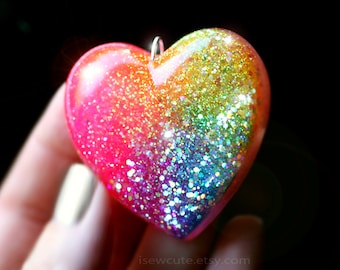 Neon Rainbow Necklace, Bright Colorful Glitter Neon Jewelry, Big Heart Shaped Resin Pendant Intense ROYGBV Colorful, Handmade isewcute