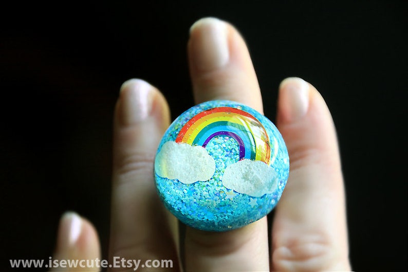 Resin Ring Glitter Resin Ring Blue Sky Ring Unique Resin Jewelry By isewcute 80s Fashion Inspired Rainbow Ring Under 25 Gift for Her