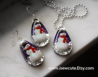 Winter Jewelry Snowman Earrings and Necklace Set, Snow Lover Gift for Her, Winter Wonder Diorama Jewelry Handcrafted in Ohio by isewcute