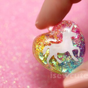 Little Girl Unicorn Necklace, Rainbow Unicorn Pendant, Resin Glitter Heart Pendant, Rainbow Unicorn Necklace, Sparkly Necklace Pink Chain image 2