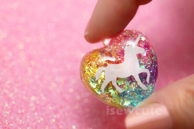 Little Girl Unicorn Necklace, Rainbow Unicorn Pendant, Resin Glitter Heart Pendant, Rainbow Unicorn Necklace, Sparkly Necklace Pink Chain image 2
