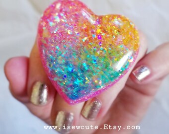 Fairy Opal Unicorn Glitter Ring, Resin Heart, Chunky Rainbow Pastel Ring, Oversize Heart Ring, Burlesque Sparkle Heart Jewelry by isewcute