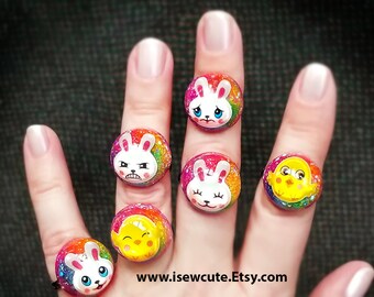 Kids Easter Jewelry, Colorful Rainbow Bunny Ring, Easter Basket Stuffer, Sparkly Easter Chick Ring Spring Fashion Statement Ring by isewcute