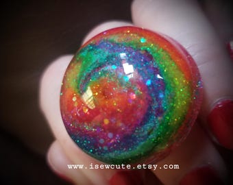 Rainbow Glitter Ring, Colorful Cyclone, adjustable size ring, big sparkly festival ring, intense color jewelry handcrafted in resin isewcute