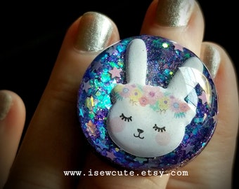 Easter Bunny Purple Statement Ring, Spring Lilac Easter Bunny Jewelry, Giant Glitter Dome Adjustable Size Resin Ring, handmade by isewcute