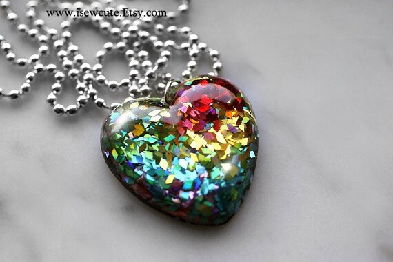 Rainbow Heart Necklace Rainbow Resin Pendant ROYGBIV Necklace
