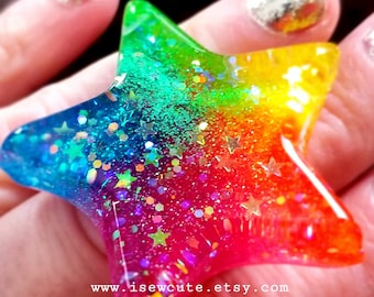 Huge Over the Top Rainbow Star Ring, Catch a Falling Star Like Mermaid Treasures ...gorgeous glitter resin jewelry handmade by isewcute