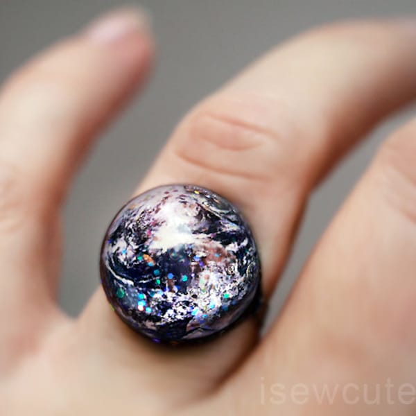 Earth Ring, Space Jewelry, Home Sweet Home, Out of this World Fashion Statement Glitter Hubble Image, Modern Resin Galaxy Jewelry