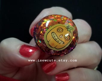 Handcrafted Glitter Resin Jack O'Lantern Ring, One of a Kind Halloween Pumpkin Jewelry Created by isewcute in Ohio