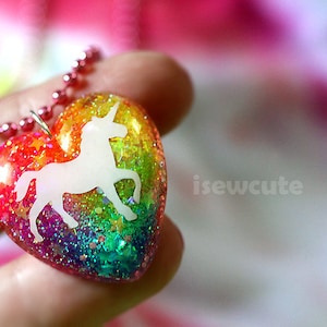 Magical Unicorn Glitter Necklace, sparkly heart resin glitter pendant &quot;chain included&quot; handmade unicorn necklace by isewcute