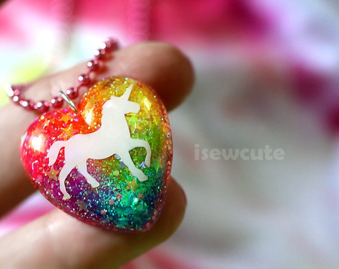 Magical Unicorn Glitter Necklace, sparkly heart resin glitter pendant "chain included" handmade unicorn necklace by isewcute