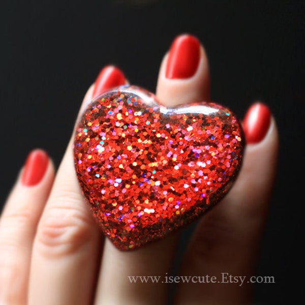 Huge Red Heart Ring as seen worn by Miley Cyrus, Red Glitter Love Heart Ring, Statement Ring Made by isewcute on Etsy