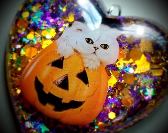 Halloween Statement Necklace, Spooky Witch Cat Pumpkin Orange & Purple Pendant, Cute Fall Jewelry Made in Ohio by isewcute