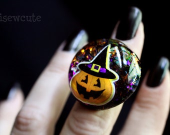 Halloween Witch Jack O' Lantern Ring, Big Spooky-cute Orange Pumpkin Costume Jewelry by isewcute