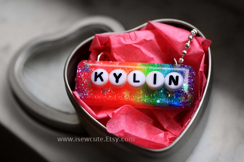 Girls Name Necklace, Personalized Custom Girl Name Jewelry, Rainbow Glitter Resin Monogram Pendant Name Necklace... handmade by isewcute image 1