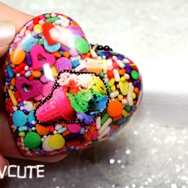 Rainbow Ice Cream Necklace Kawaii Candy - A Giant Rainbow Sprinkles Resin Heart Necklace