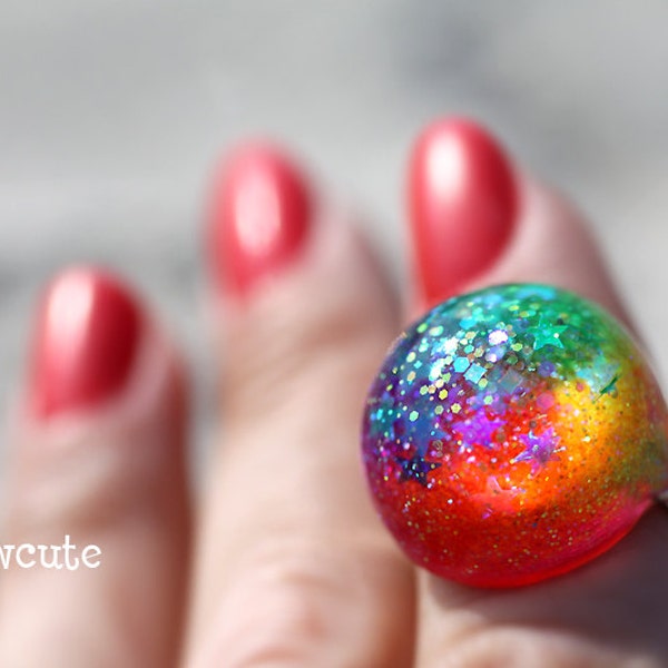 Jewelry Ring Colorful Rainbow Neon Glittery Resin Dayglow Bubble Fairy Dome, Cute Glitter Ring with Stars... handcrafted by isewcute