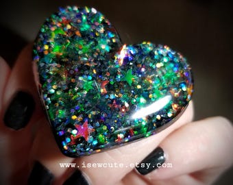 Huge Glitter Galaxy Heart Ring, All Occasion Sparkly Heart Ring, Over the Top Chunky Resin Statement Ring Handcrafted by isewcute on Etsy