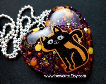 Black Cat Halloween Necklace, Spooky-cute Kitty Jewelry, Resin Heart Necklace, Sparkly Pumpkin Orange Statement Necklace by isewcute