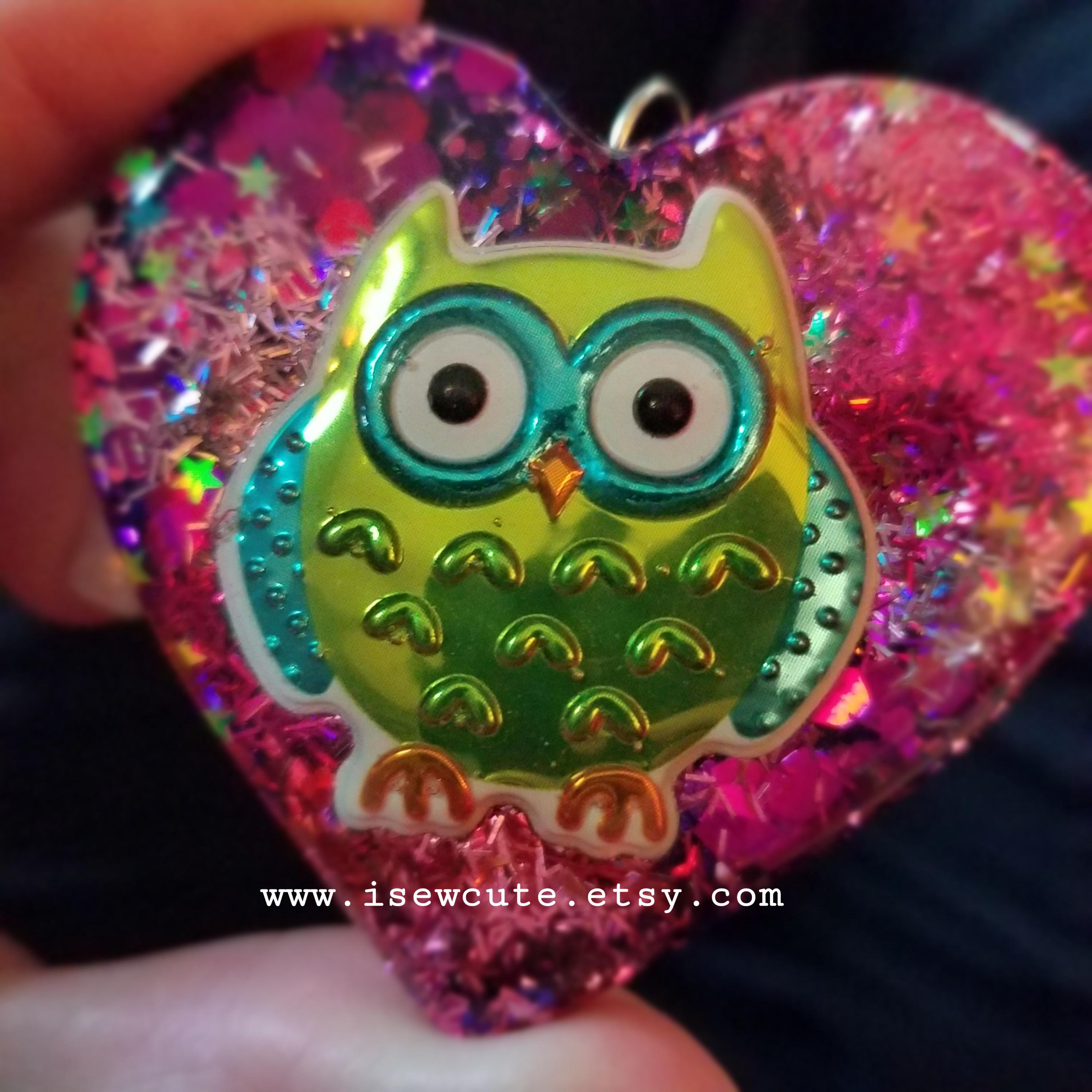 One of a Kind Owl Necklace, Unique Resin Glitter Heart Pendant Necklace by isewcute