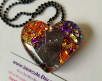 Halloween Jewelry, Cat Necklace, Spooky Kitty Black Cat Heart Necklace, Sparkly Pumpkin Orange Glitter, Girls Halloween Necklace by ISewCute