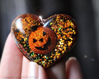 Halloween Pumpkin Necklace, Fall Jewelry Novelty Pendant, Spooky Harvest Orange Resin Heart, Cute Halloween Accessories made by isewcute