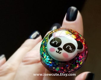 Giant Panda Ring, Shiny Rainbow Resin Ring, Panda Chunky Ring, Kawaii Panda Ring, Big Resin Ring, Rainbow Ring Handmade by isewcute
