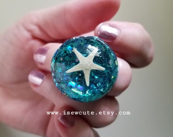 Beach Ring, Summer Birthday Mermaid Ring, Starfish Ring, Blue Glitter Resin Ring, Ocean Jewelry, Natural Sea Shell Ring - Summer Jewelery