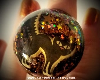 Black Cat Halloween Ring, Glitter Statement Jewelry, Halloween Cat Ring, Spooky Ring, Resin Ring, Adjustable Size Resin Jewelry by isewcute