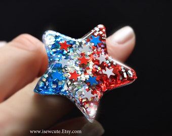 Star Ring, red, white, blue glitter &  stars, patriotic July 4th inspired, hand cast resin jewelry made in the USA by isewcute