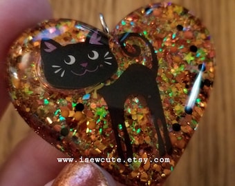 Glittery Resin Black Cat Heart Pendant Necklace, Halloween Sparkle Jewelry made in the usa by isewcute