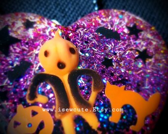 Halloween Statement Jewelry Huge Scarecrow Pumpkin Cat Glitter Heart Necklace, Spooky Fall Jack 'O Lantern Pendant Made by isewcute