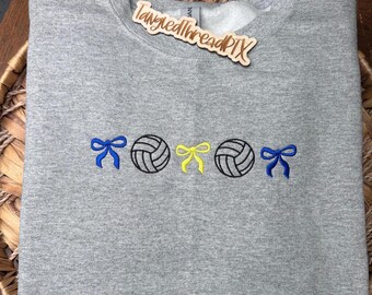 Custom Volleyball Embroidered Sweatshirt | Pick 2 Thread Colors | Volleyball Bow Crewneck | Personalized Team Spirit Sweatshirt