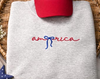 Sudadera bordada con lazo americano, cuello redondo patriótico, camiseta del 4 de julio, atuendo para el Día de los Caídos, sudadera roja, blanca y azul de EE. UU.