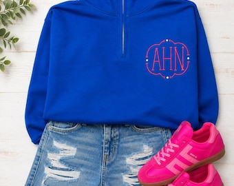 Sudadera azul marino con cremallera hasta el cuello / Sudadera rosa fucsia con monograma / Cremallera hasta el cuello bordada personalizada / Estilo boutique preppy