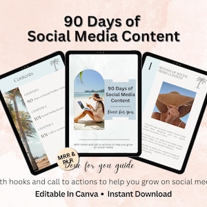 May include: A digital product mockup with a beach background. The product is a guide for creating 90 days of social media content. The text on the cover reads "90 Days of Social Media Content Done for You".