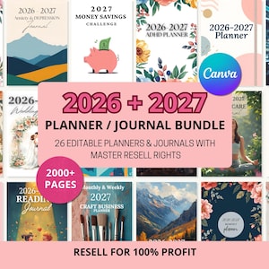 May include: A collection of planners and journals for 2026 and 2027, with a pink and floral theme. The bundle includes 26 editable planners and journals with master resell rights. The image features various covers, including a wedding planner, ADHD planner, and money savings challenge.