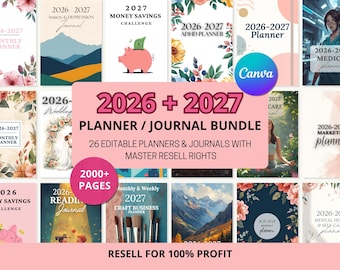 May include: A collection of planners and journals for 2026 and 2027, with a pink and floral theme. The bundle includes 26 editable planners and journals with master resell rights. The image features various covers, including a wedding planner, ADHD planner, and money savings challenge.