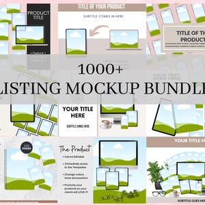 Op de afbeelding: Een mockup-bundel met meer dan 1000 listing-sjablonen voor Etsy-winkels. De sjablonen tonen een verscheidenheid aan apparaten, waaronder telefoons, tablets en laptops, met een groene en blauwe landschapsachtergrond. De tekst "1000+ Listing Mockup Bundle" wordt weergegeven in grote, vetgedrukte letters.